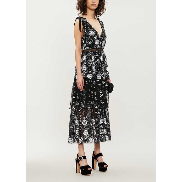 Self Portrait Black Tulle Floral Sequin Deco Tiered Dress NWT Size 2 MSRP $535 - Picture 2 of 13